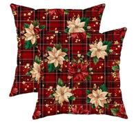 Christmas Throw Pillow Covers Set of 2, Red Plaid Floral Cushion Cases, Festive Decorative Square Home Decor for Sofa Bed Couch 14x14 Inch