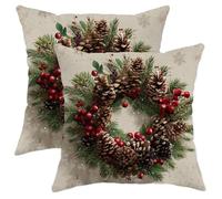 Christmas Throw Pillow Covers Set of 2, Rustic Pinecones Wreath Cushion Cases, Holiday Decorative Square Farmhouse Decor for Home Sofa Bed Couch 28x28 Inch