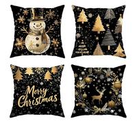 Christmas Throw Pillow Covers Set of 4, Black and Gold Snowman Tree Decorative Cushion Covers, Festive Holiday Winter Farmhouse Pillow Cases for Sofa Couch Bed Home Decor 18x18 Inch