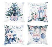 Christmas Throw Pillow Covers Set of 4, Blue Floral Ornament Cushion Cases, Holiday Decorative Square Home Decor for Sofa Couch Bed 24x24 Inch
