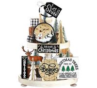 Christmas Tiered Tray Decor Christmas Trees Merry Christmas Let It Snow Wooden Signs Christmas Table Decorations Centerpieces Rustic Farmhouse Decor for Xmas Winter Home Table Shelf