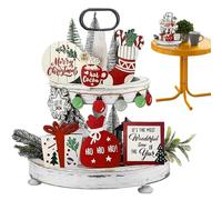 Christmas Tiered Tray - Festive Buffalo Plaid Christmas | Tiered Tray Stand Decor | Rustic Farmhouse Wooden Serving Trray Suitable For Holiday Table Centerpiece Kitchen Party Display