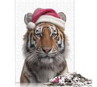 Christmas Tiger Wearing A Santa Hat Puzzles for Adults & Teenagers Wooden Puzzles for Adults Secret Santa Gifts 1000pcs (75x50cm)