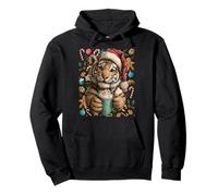 Christmas Tiger with Santa Hat Cocoa Cookies Funny Animal Pullover Hoodie