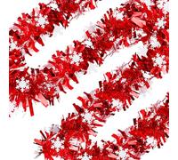 Christmas Tinsel Garland - 33ft Christmas Snowflake Tinsel Garland, Red Christmas Tree Thick Metallic Garland for Indoor Outdoor Porch Window Fireplace Wall Decorations Xmas Party Supplies Gifts