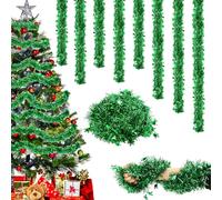 Christmas Tinsel Garland Green- 8PCS Christmas Tree Tinsel Decorations with Snowflake, 16M Xmas Metallic Shiny TinseL Garland Hanging Xmas Decoration for Indoor Outdoor Birthday Party Wedding New Year