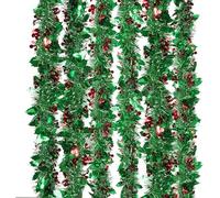 Christmas Tinsel Garland Metallic Green Holly Berry Christmas Tree Decorations Tinsel with Red Berries Holly Leaves for Xtmas Tree Holiday Party (8 Metres)
