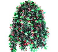 Christmas Tinsel Garland Metallic Green Holly Berry Tree Decorations - Green Holly Leaf & Berry Tinsel, Metal Thick Tinsel for Decorating Christmas Tree, Party, Home (8 Metres)