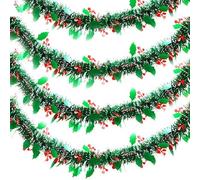 Christmas Tinsel Garland Metallic Green Holly Berry Tree Decorations - Green Holly Leaf & Berry Tinsel, Metal Thick Tinsel for Decorating Christmas Tree, Party, Home (6 Metres)