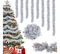 Christmas Tinsel Garland Silver- 8PCS Christmas Tree Tinsel Decorations with Snowflake,16M Xmas Metallic Shiny TinseL Garland Hanging Xmas Decoration for Indoor Outdoor Birthday Party Wedding New Year
