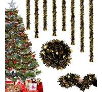 Christmas Tinsel Garland with Snowflake- 6PCS Black Gold Christmas Tree Tinsel Decorations, 12M Xmas Metallic Shiny TinseL Garland Hanging Xmas Decoration for Indoor Outdoor Birthday Party Wedding