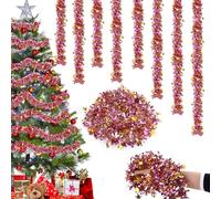 Christmas Tinsel Garland with Snowflake- 6PCS Pink Gold Christmas Tree Tinsel Decorations, 12M Xmas Metallic Shiny TinseL Garland Hanging Xmas Decoration for Indoor Outdoor Birthday Party Wedding