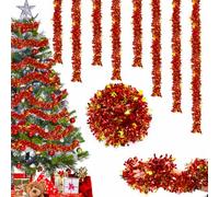 Christmas Tinsel Garland with Snowflake- 6PCS Red Gold Christmas Tree Tinsel Decorations, 12M Xmas Metallic Shiny TinseL Garland Hanging ChristmaS Decoration for Indoor Outdoor New Year Birthday Party