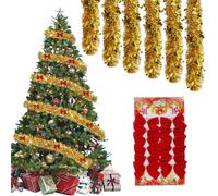 Christmas Tinsel Garlands, 6Pcs 2M/6.56FT Xmas Metallic Chunky Tinsel Garland Decoration with 12 Bows, Luxury Garland for Indoor & Outdoor Stairs Home Party Decor Christmas Tree Decorations, Gold