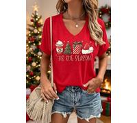 Christmas Tis The Season V Neck Shirt for Women Santa Holiday Short Sleeve Tee Xmas Tree Graphic Winter Tshirt Tops