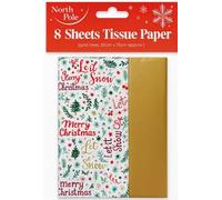 Christmas Tissue Paper - 8 Sheets | Festive Merry Christmas & Let It Snow Print with Plain Gold | North Pole Wrapping Tissue for Xmas Presents, Gift Bags, Hampers & Crafts
