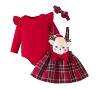 Christmas Toddler Baby Girl Outfits Ribbed Ruffle Long Sleeve T-shirt/Romper Top Suspender Skirt with Headband Kids 3Pcs Clothes Set Elk Embroidery Plaid A-Line Skirt Headband Set