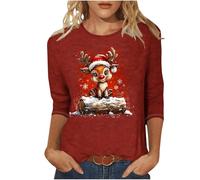 Christmas Top for Women UK Plus Size 3/4 Length Sleeve Womens Tops Christmas Shirts Round Neck Loose Casual Blouses Cute Reindeer Snowman Crow Xmas Tree 3D Print Tshirts Novelty Sweatshirts Pullover