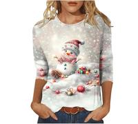 Christmas Top for Women UK Plus Size 3/4 Length Sleeve Womens Tops Christmas Shirts Round Neck Loose Casual Blouses Cute Reindeer Snowman Crow Xmas Tree 3D Print Tshirts Novelty Sweatshirts Pullover