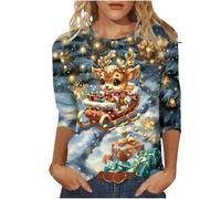 Christmas Top for Women UK Plus Size 3/4 Length Sleeve Womens Tops Christmas Shirts Round Neck Loose Casual Blouses Cute Reindeer Snowman Crow Xmas Tree 3D Print Tshirts Novelty Sweatshirts Pullover