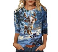 Christmas Top for Women UK Plus Size 3/4 Length Sleeve Womens Tops Christmas Shirts Round Neck Loose Casual Blouses Cute Reindeer Snowman Crow Xmas Tree 3D Print Tshirts Novelty Sweatshirts Pullover