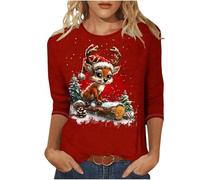 Christmas Top for Women UK Plus Size 3/4 Length Sleeve Womens Tops Christmas Shirts Round Neck Loose Casual Blouses Cute Reindeer Snowman Crow Xmas Tree 3D Print Tshirts Novelty Sweatshirts Pullover