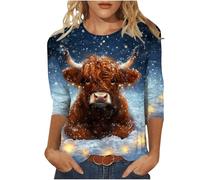 Christmas Top for Women UK Plus Size 3/4 Length Sleeve Womens Tops Christmas Shirts Round Neck Loose Casual Blouses Cute Reindeer Snowman Crow Xmas Tree 3D Print Tshirts Novelty Sweatshirts Pullover