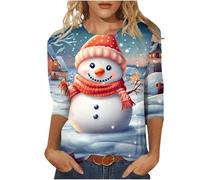 Christmas Top for Women UK Plus Size 3/4 Length Sleeve Womens Tops Christmas Shirts Round Neck Loose Casual Blouses Cute Reindeer Snowman Crow Xmas Tree 3D Print Tshirts Novelty Sweatshirts Pullover