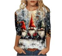 Christmas Top for Women UK Plus Size 3/4 Length Sleeve Womens Tops Christmas Shirts Round Neck Loose Casual Blouses Cute Reindeer Snowman Crow Xmas Tree 3D Print Tshirts Novelty Sweatshirts Pullover