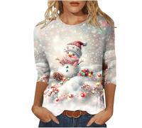Christmas Top for Women UK Plus Size 3/4 Length Sleeve Womens Tops Christmas Shirts Round Neck Loose Casual Blouses Cute Reindeer Snowman Crow Xmas Tree 3D Print Tshirts Novelty Sweatshirts Pullover