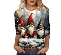 Christmas Top for Women UK Plus Size 3/4 Length Sleeve Womens Tops Christmas Shirts Round Neck Loose Casual Blouses Cute Reindeer Snowman Crow Xmas Tree 3D Print Tshirts Novelty Sweatshirts Pullover