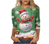 Christmas Top for Women UK Plus Size 3/4 Length Sleeve Womens Tops Christmas Shirts Round Neck Loose Casual Blouses Cute Reindeer Snowman Crow Xmas Tree 3D Print Tshirts Novelty Sweatshirts Pullover