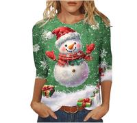 Christmas Top for Women UK Plus Size 3/4 Length Sleeve Womens Tops Christmas Shirts Round Neck Loose Casual Blouses Cute Reindeer Snowman Crow Xmas Tree 3D Print Tshirts Novelty Sweatshirts Pullover