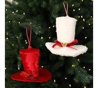 Christmas Top Hat Ornaments 4 Pack - White Fuzzy & Red Velvet with Bells and Ribbon for Tree Decor