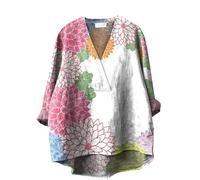 Christmas Tops for Women Funny T Shirt Tees New Women's Blue Line Print Japanese Traditional Geometric Pattern Printed Casual Cotton and Linen V Neck Shirt Loose Shirts Pullover Tops (Pink, S)