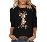Christmas Tops for Women UK 2024 Clearance, Crewneck Tunic Tops Reindeer Printed 3/4 Sleeve T Shirt Long Sleeve Tops Xmas Jumper Casual Sweatshirt Ladies Christmas Tops Crewneck Pullover Party Tops