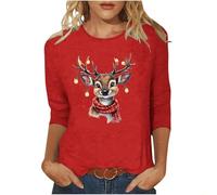 Christmas Tops for Women UK 2024 Clearance, Crewneck Tunic Tops Reindeer Printed 3/4 Sleeve T Shirt Long Sleeve Tops Xmas Jumper Casual Sweatshirt Ladies Christmas Tops Crewneck Pullover Party Tops