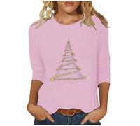Christmas Tops for Women UK 3/4 Sleeve Crewneck Tunic Shirts 2024 Fall Fashion Xmas Tree Print T Shirts Casual Lightweight Going Out Blouse Dressy Comfy Novelty Clothes