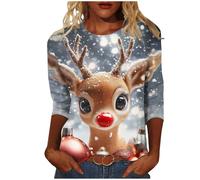 Christmas Tops for Women UK Classic 3/4 Sleeve Xmas Jumpers Ladies Cute Christmas Reindeer Santa Claus Print Sweatshirt Casual Crew Neck T Shirts Elegant Plus Size Pullover Loose Fit Tunic Blouse