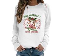 Christmas Tops For Women Uk Plus Size,Western Graphic Crewneck Top for Women Cozy Hoodless Sweatshirt with Cow Print Holiday Vibe and Casual Everyday Wear (White, XXL)