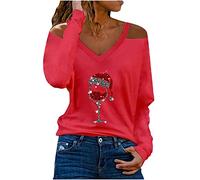 Christmas Tops for Women UK T-Shirts Cold Shoulder Sweatshirts Sparkly Wine Printed V Neck Pullover Ladies Casual Loose Tee Sweater