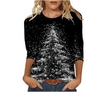 Christmas Tops Ladies - Women Christmas Tree Print Xmas T-Shirts Plus Size Novelty Funny 3/4 Sleeve Elf Santa Print Reindeer Graphic Blouse Ugly Tee Shirt Pullover Holiday Tops