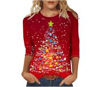 Christmas Tops Ladies - Women Christmas Tree Print Xmas T-Shirts Plus Size Novelty Funny 3/4 Sleeve Elf Santa Print Reindeer Graphic Blouse Ugly Tee Shirt Pullover Holiday Tops
