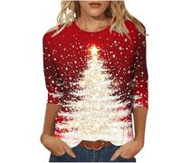Christmas Tops Ladies - Women Christmas Tree Print Xmas T-Shirts Plus Size Novelty Funny 3/4 Sleeve Elf Santa Print Reindeer Graphic Blouse Ugly Tee Shirt Pullover Holiday Tops