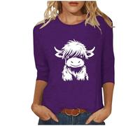 Christmas Tops Women 3/4 Sleeve Highland Cow Christmas Tree Black Cat Print Xmas Blouses Ladies Plus Size Casual Tshirts Crewneck Slim Lightweight Shirts Holiday Party Going Out Tops
