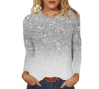 Christmas Tops Women UK Gradient Plus Size Sparkly Glitter Xmas Tree Print T Shirt Festival Party Tees Dressy Casual 3/4 Sleeve Crewneck Pullover Novelty Clothes Holiday Tunic Blouse