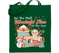 Christmas Tote Bag - It’s The Most Wonderful Time of The Year - Cute Gingerbread & Hot Cocoa Design - Reusable Cotton Bag for Xmas Gifts & Shopping (Green)
