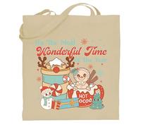 Christmas Tote Bag - It’s The Most Wonderful Time of The Year - Cute Gingerbread & Hot Cocoa Design - Reusable Cotton Bag for Xmas Gifts & Shopping (Natural)