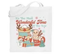 Christmas Tote Bag - It’s The Most Wonderful Time of The Year - Cute Gingerbread & Hot Cocoa Design - Reusable Cotton Bag for Xmas Gifts & Shopping (White)