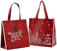 Christmas Tote Bags with Handles - Set of 2 Reusable Red Holiday Gift Bags, Inspirational “All Is Calm” & “Believe” Designs, Durable & Eco-Friendly